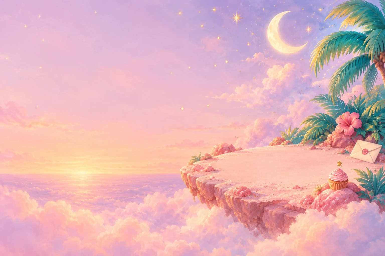 A tiny pink tropical island floating among cotton-candy clouds, with a golden moon and twinkling stars.
